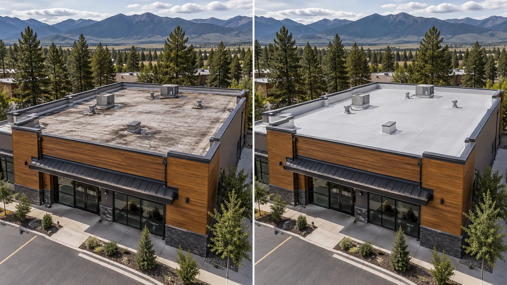 AI-generated before-and-after concept: Aged low-slope surface → a renewed roof assembly. Fictional property, not a completed company project.