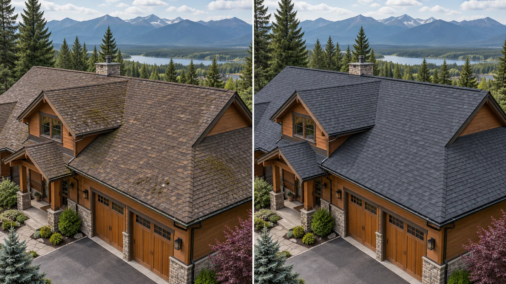 AI-generated before-and-after concept: Weathered shingles → a renewed charcoal roof. Fictional property, not a completed company project.